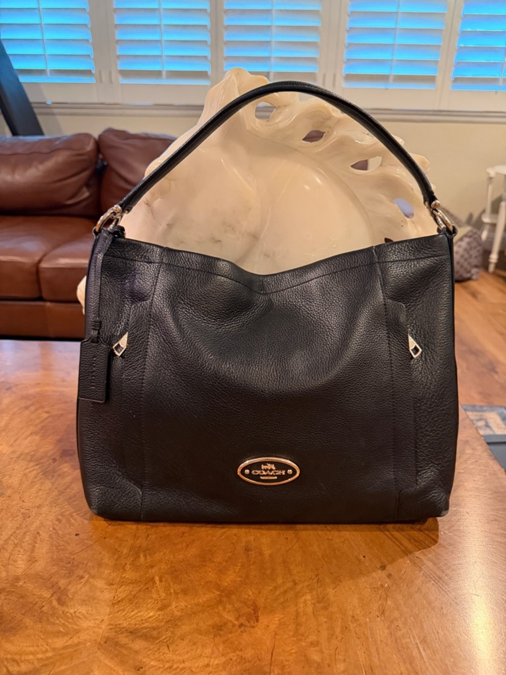 Coach Black Pebbled Leather Shoulder Bag with Gold-Tone Plaque